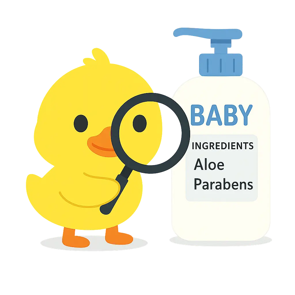 Duckie mascot inspecting baby product ingredients