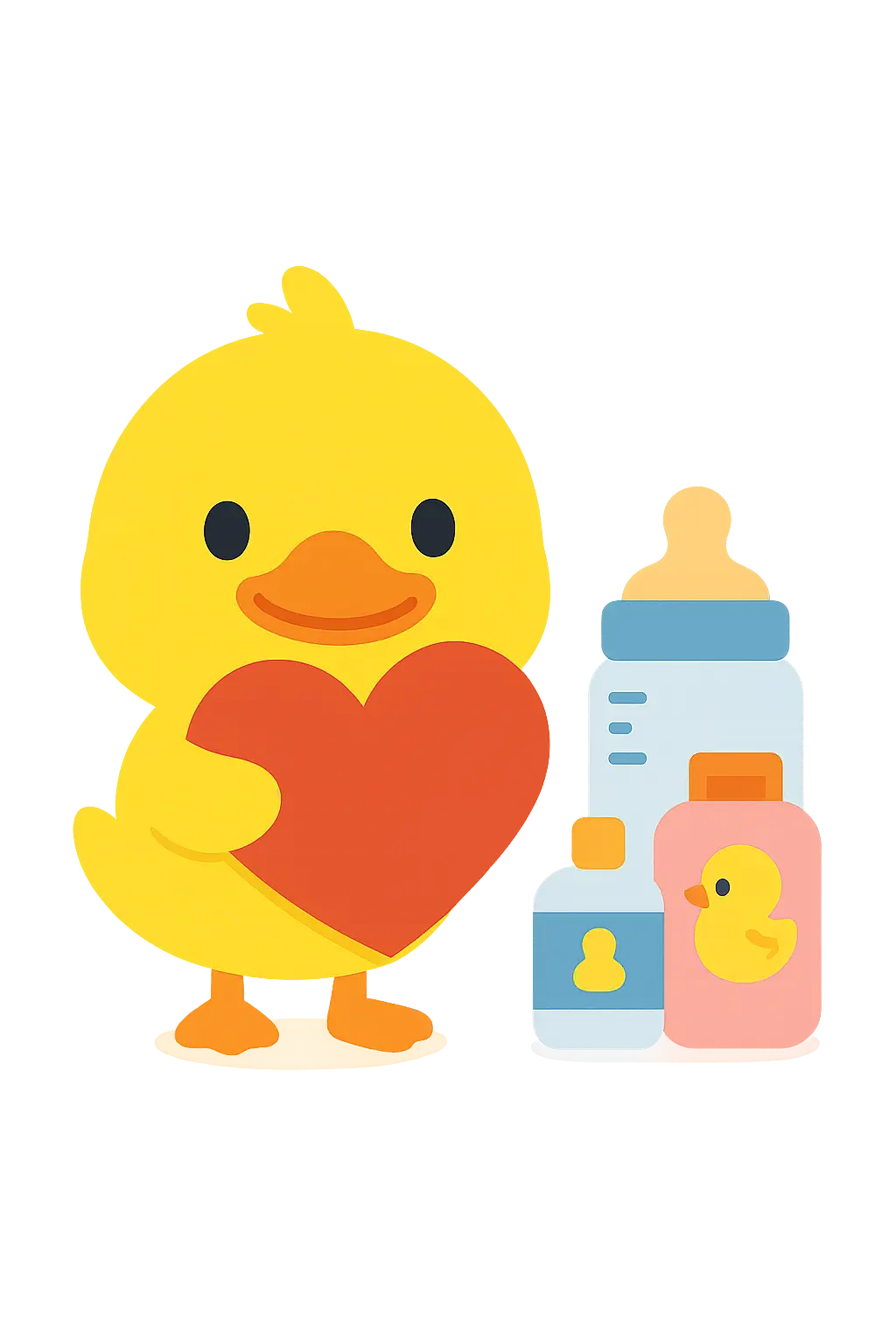 Duckie mascot with heart and baby products